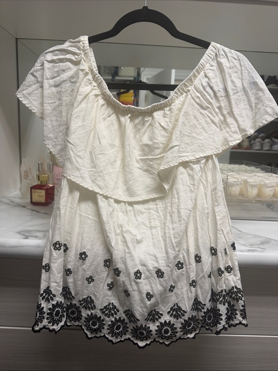 Old Navy Tops - Old Navy White Off-Shoulder Blouse with Black Floral Embroidery